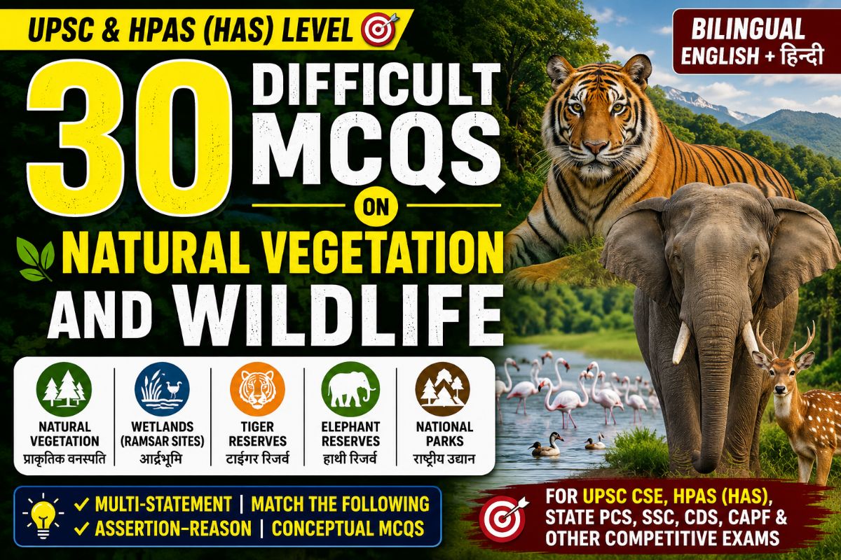 30 Difficult MCQs on Natural Vegetation of India & Wildlife | UPSC & HAS Level | Bilingual (English + हिन्दी) – GK article for competitive exams